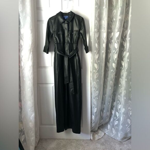 APT. 9 Cara Santana Women Faux Leather Jumpsuit Women sz XS buttons front belt - Picture 3 of 11